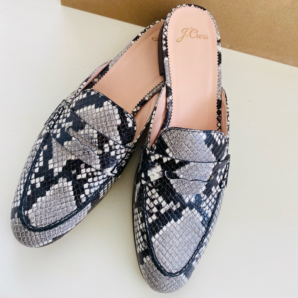 J.Crew Penny Loafer Leather Mules in Snakeprint.